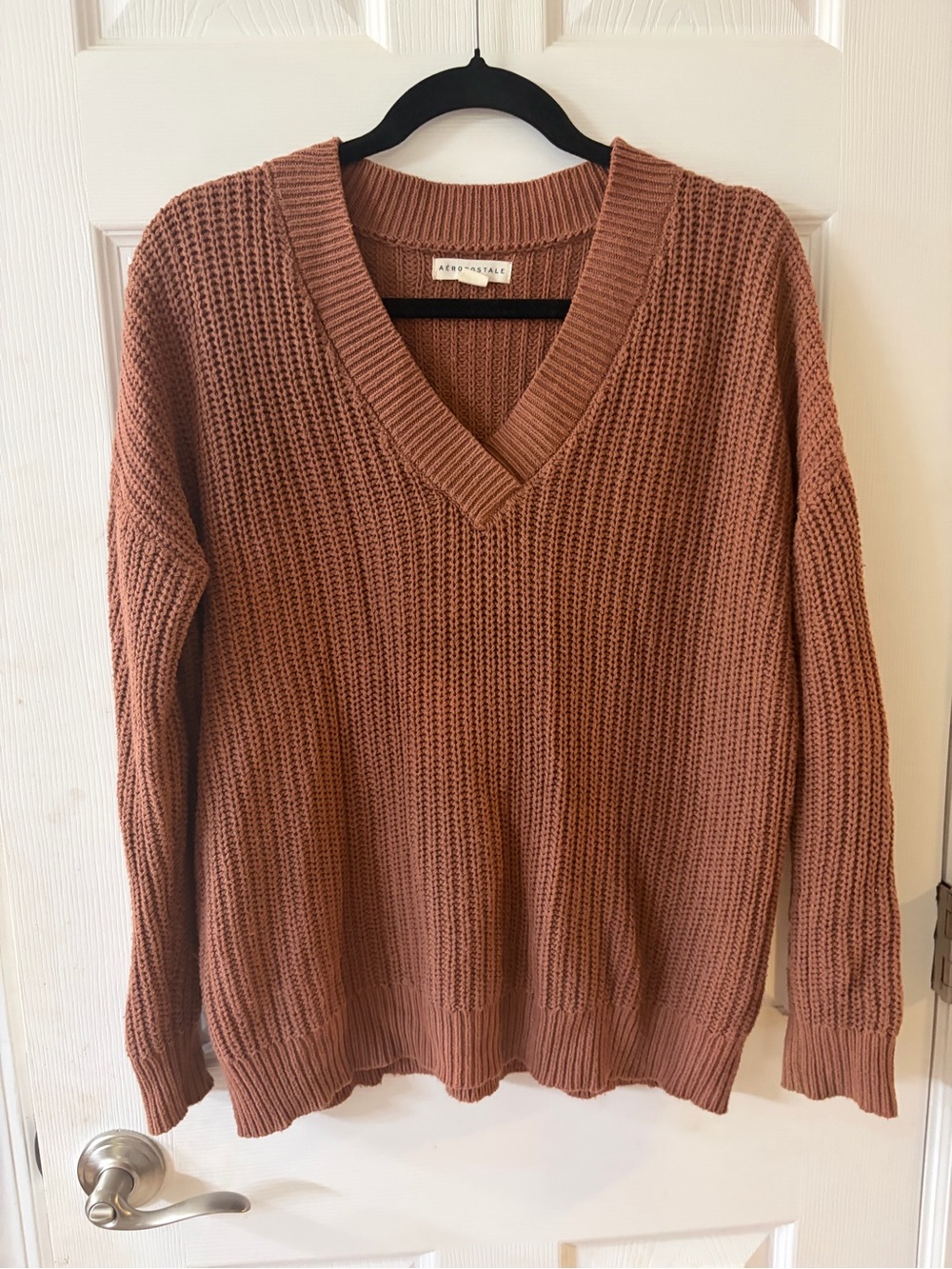 Aeropostale Women's V-Neck Knit Sweater in Rusty Brown